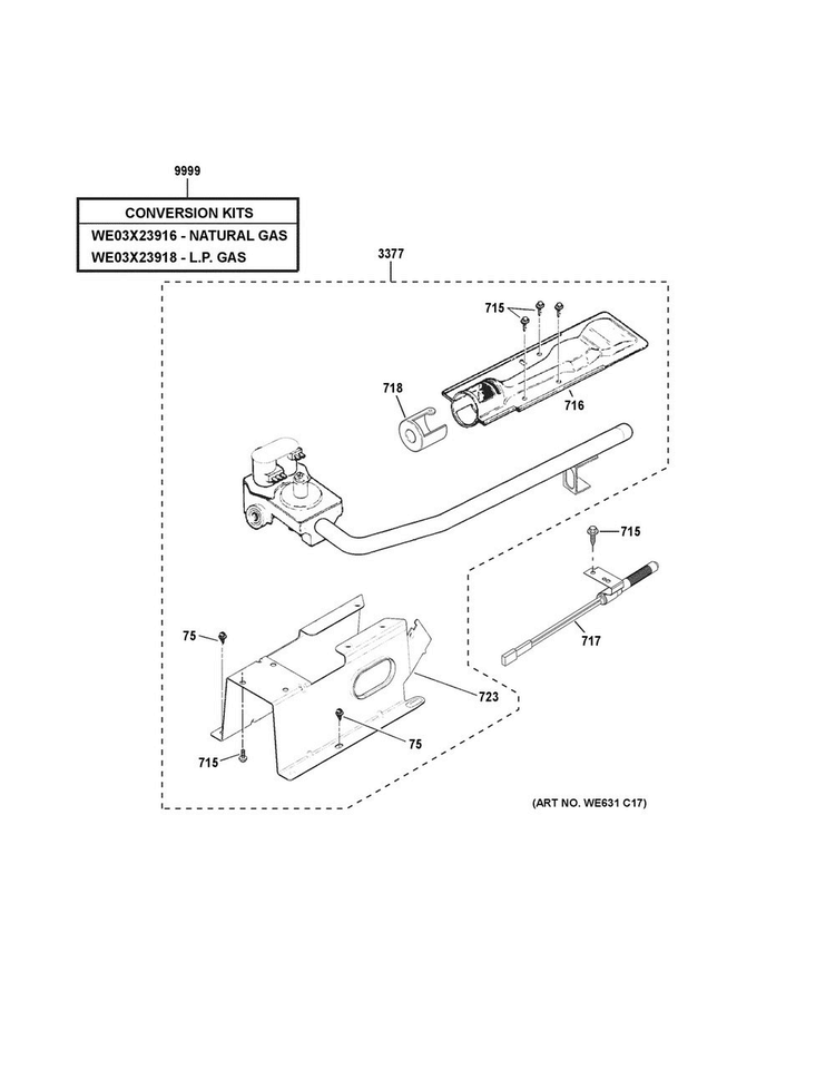 Gas Valve & Burner Assembly Diagram and Parts List for GTX42GASJ2WW  General Electric Dryer