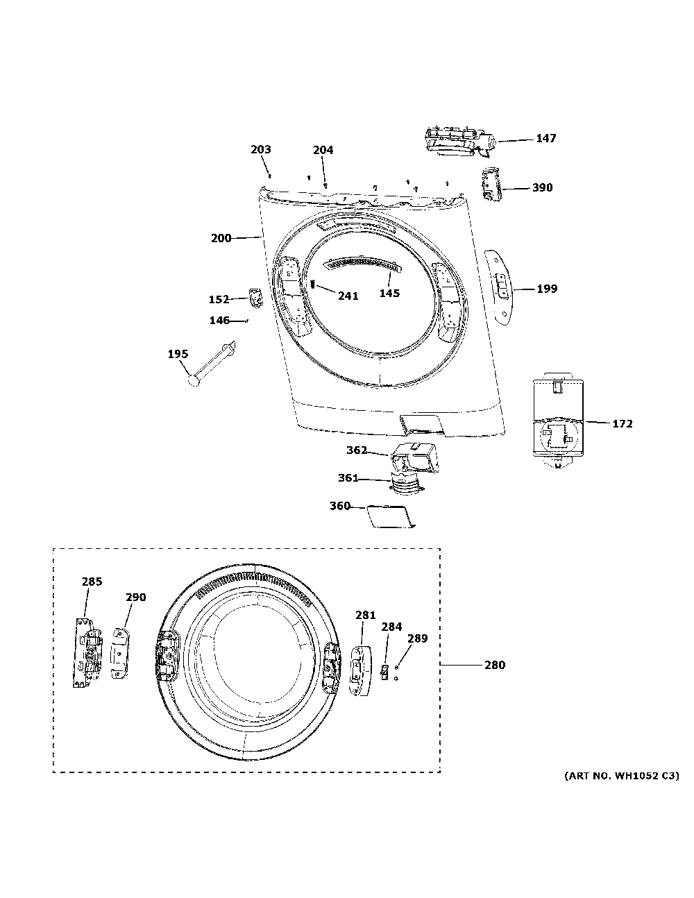 Front Panel And Door Diagram and Parts List for GFW550SSN2WW  General Electric Washer