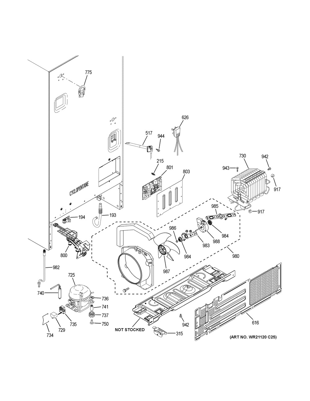 Machine Compartment Diagram and Parts List for GWE19JGLGFBB  General Electric Refrigerator