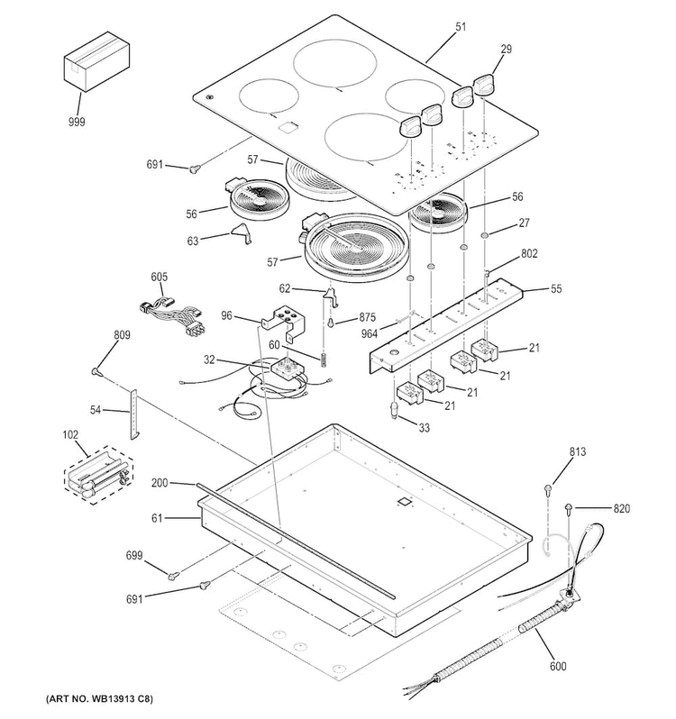 Control Panel & Cooktop Diagram and Parts List for JP3030DJ1BB  General Electric Cooktop
