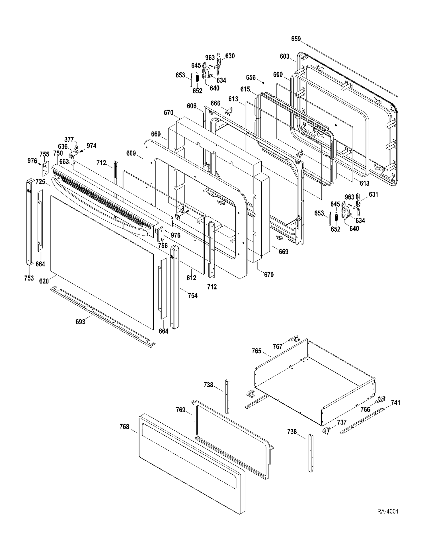 DOOR-DRAWER Diagram and Parts List for JCBP77DP2WW  General Electric Range