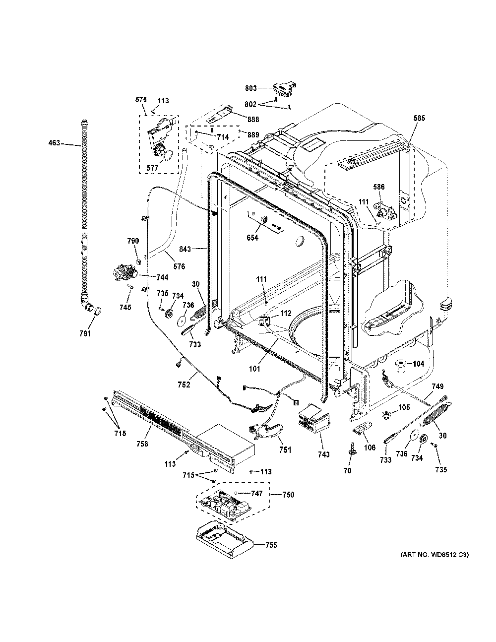 Body Parts Diagram and Parts List for GDT535PSMBSS  General Electric Dishwasher