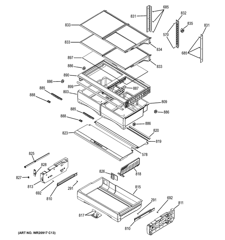 Fresh Food Shelves Diagram and Parts List for GFE29HGDBWW  General Electric Refrigerator