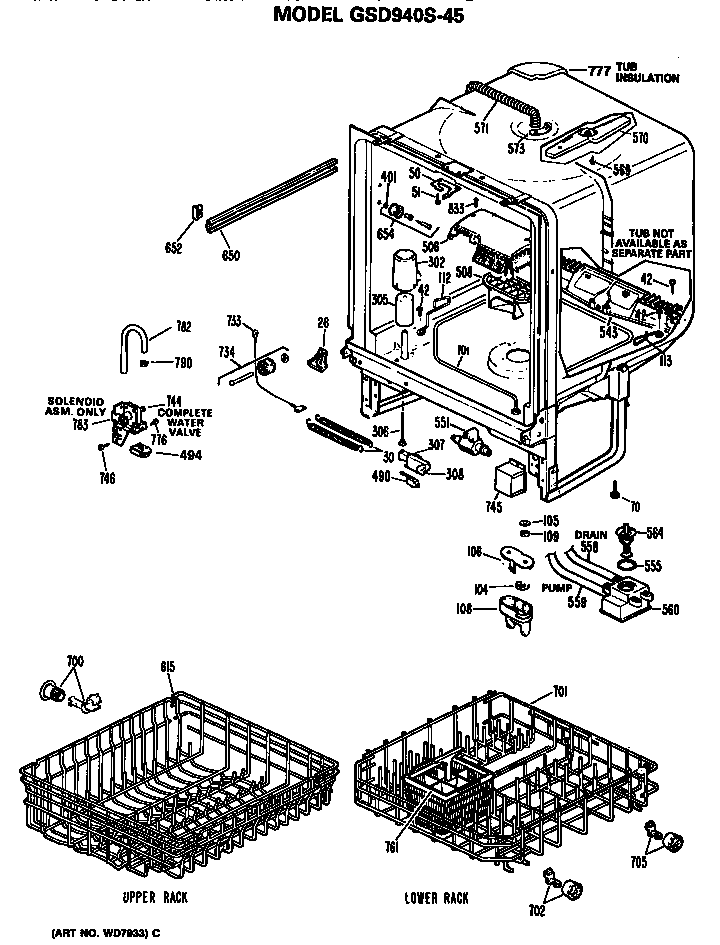 Tub/racks Diagram and Parts List for GSD940S-45  General Electric Dishwasher