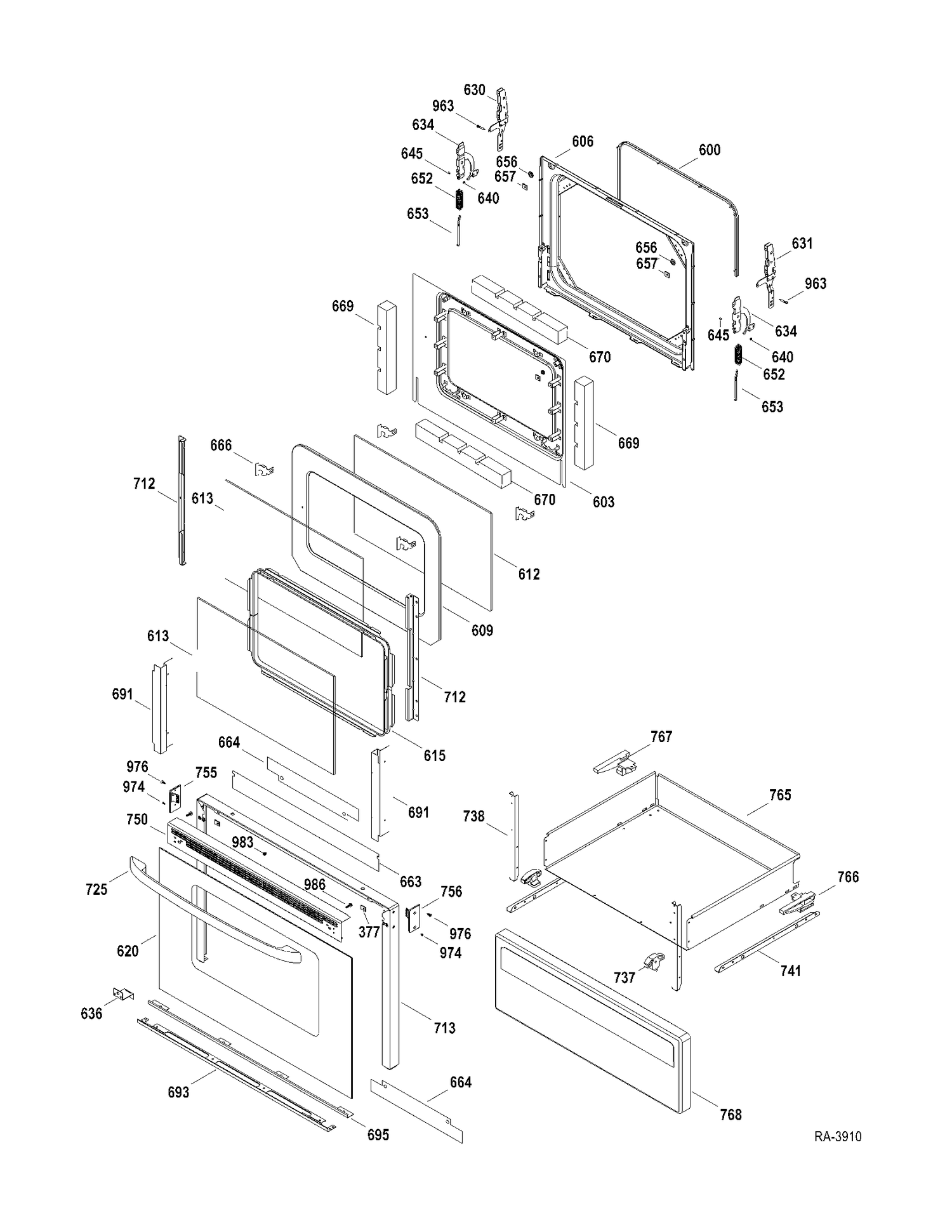 DOOR-DRAWER Diagram and Parts List for RCB757DN2WW  General Electric Range