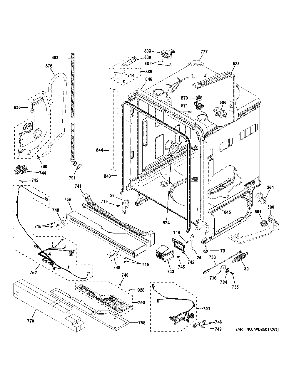 Body Parts Diagram and Parts List for CDT875P3N6D1  General Electric Dishwasher