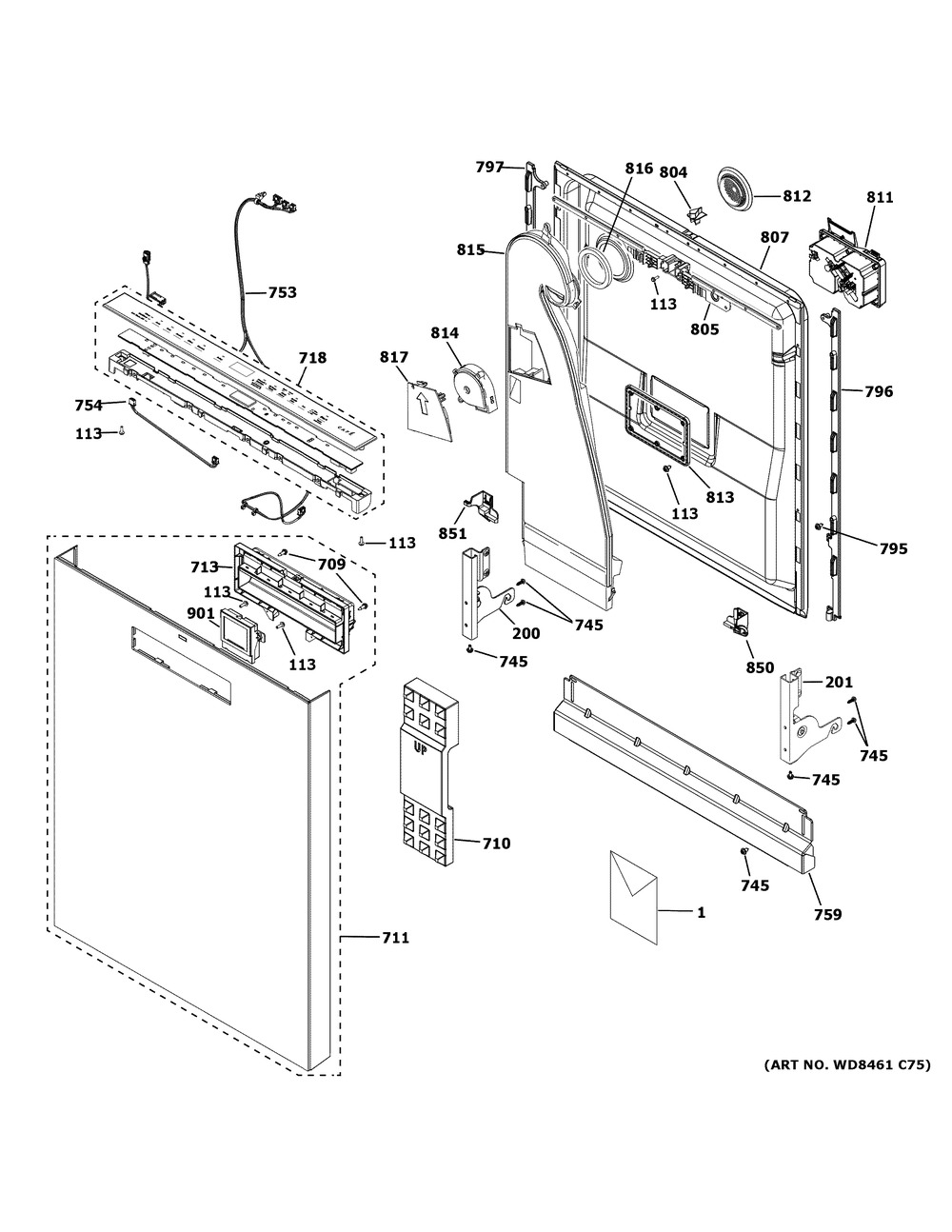 Escutcheon & Door Assembly Diagram and Parts List for CDT875M5N0S5  General Electric Dishwasher