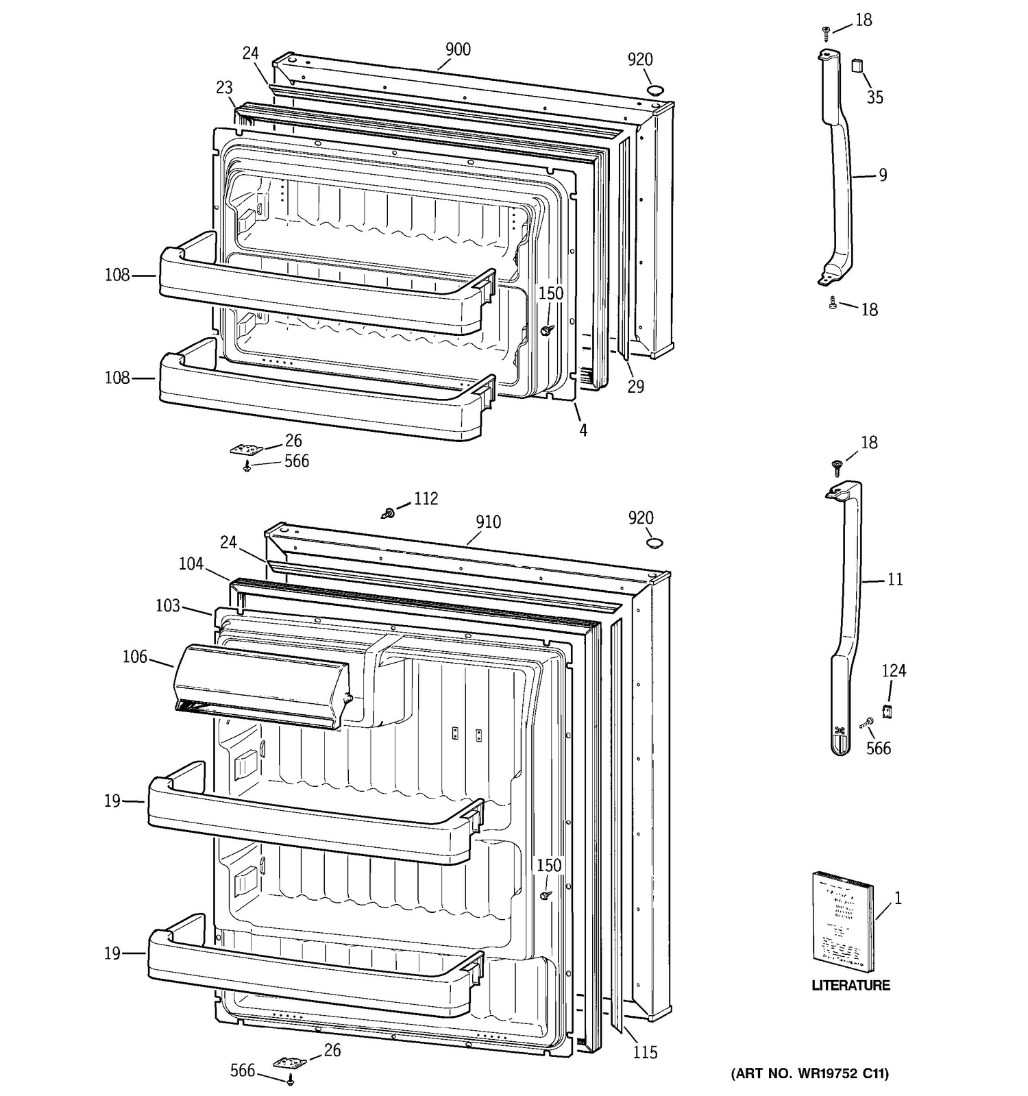 DOORS Diagram and Parts List for STS16ABSARWW  General Electric Refrigerator