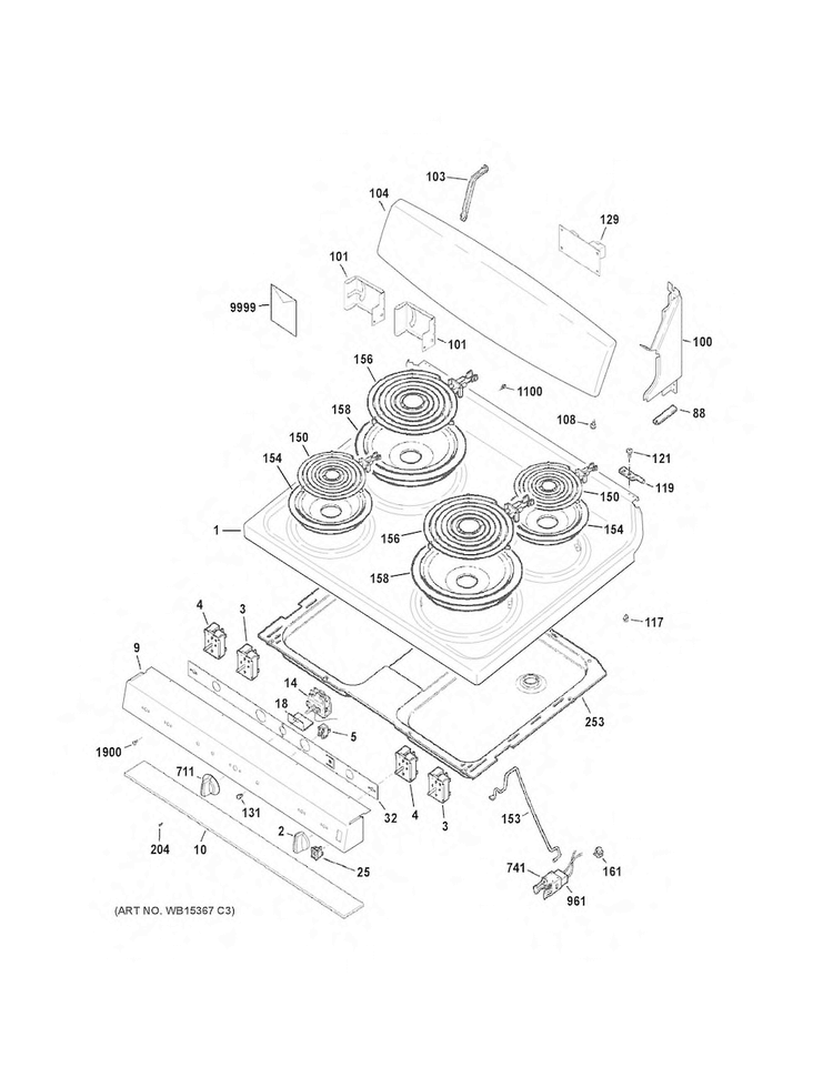 Control Panel & Cooktop Diagram and Parts List for JB450DF1WW  General Electric Range