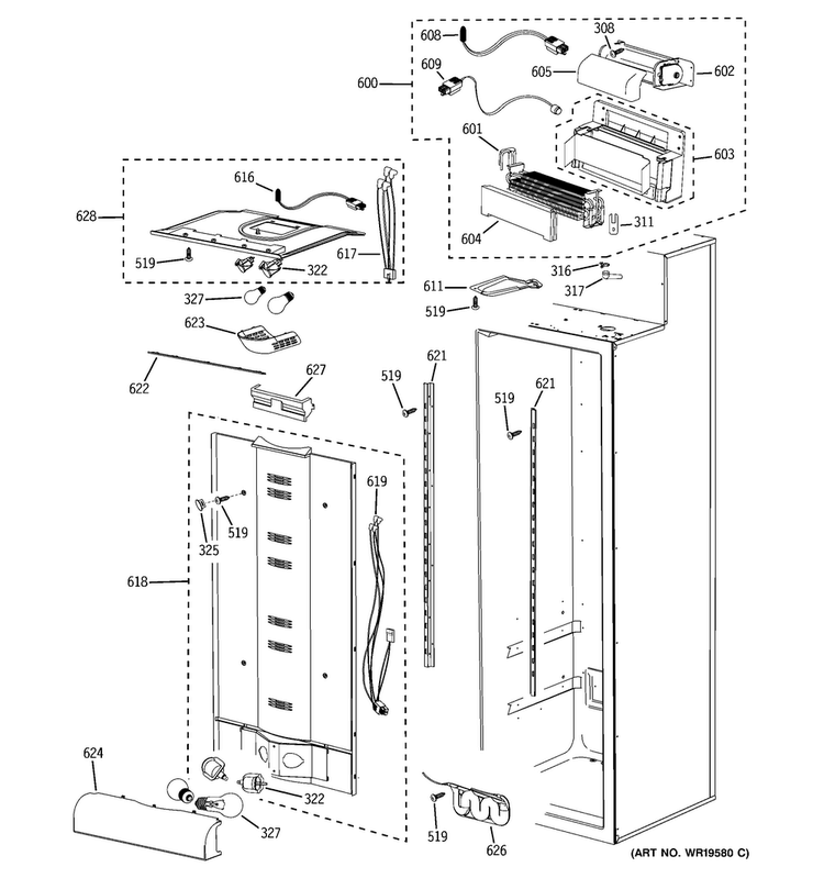 Fresh Food Section Diagram and Parts List for PSB42LGRWV  General Electric Refrigerator