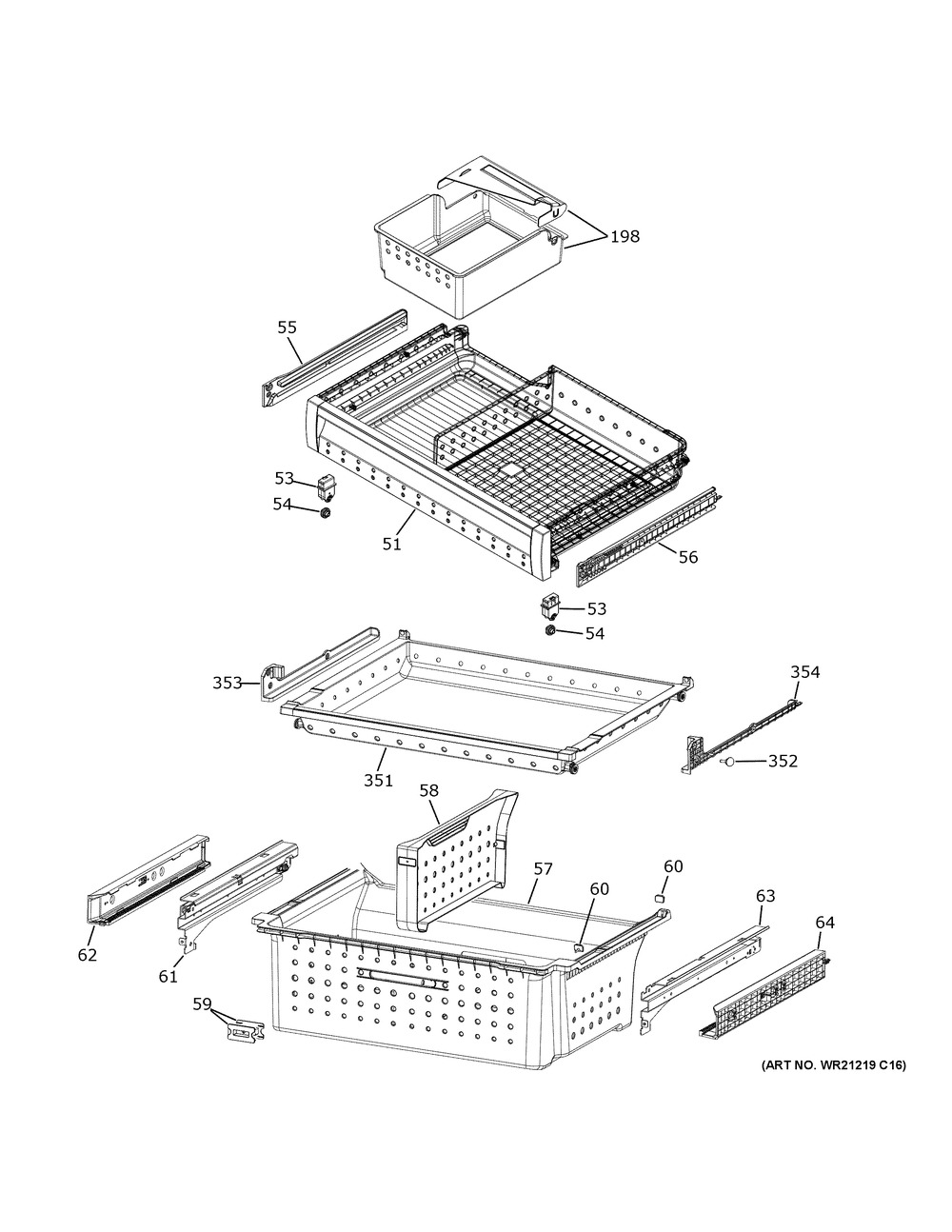 Freezer Shelves Diagram and Parts List for CGE29DP2TBS1  General Electric Refrigerator