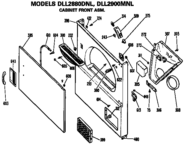 Cabinet Front Diagram and Parts List for DLL2900MNL  Hotpoint Dryer