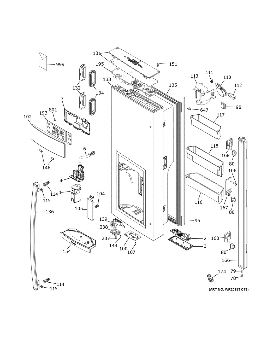 Dispenser Door Diagram and Parts List for PFE28PYNJFS  General Electric Refrigerator