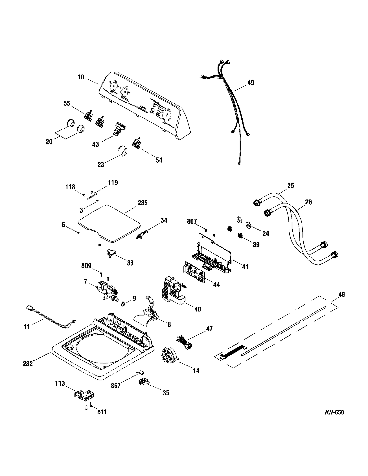 CONTROLS & COVER Diagram and Parts List for MEXE1055H0WW  General Electric Washer