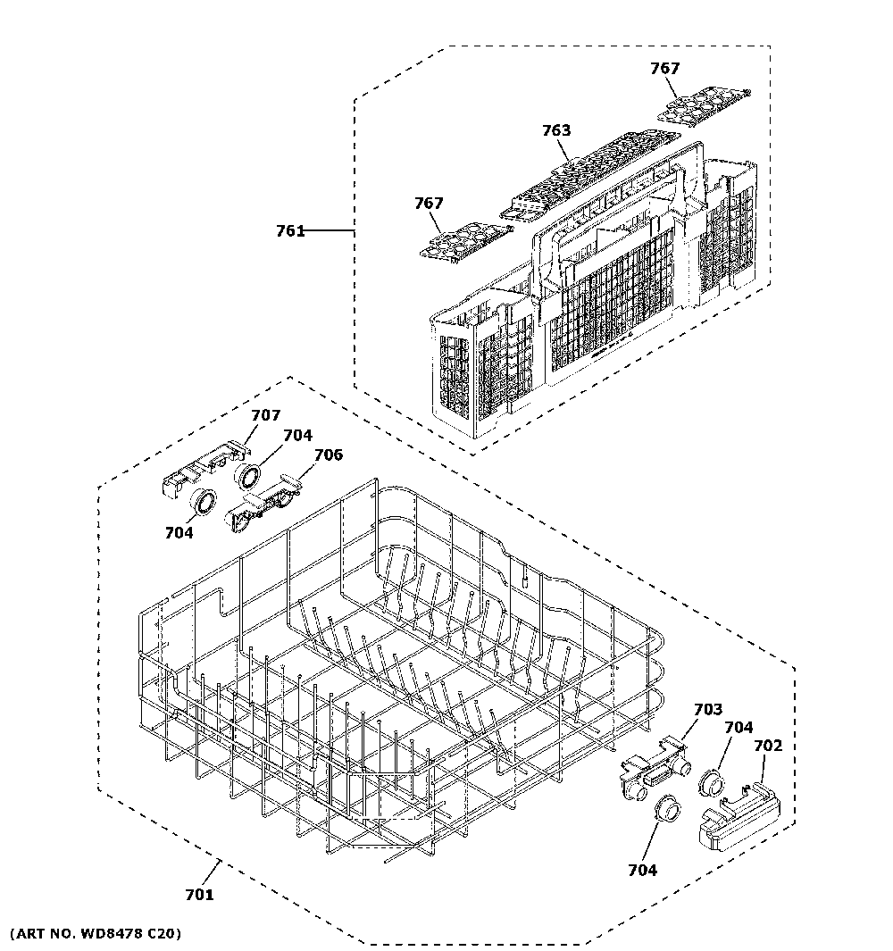 Lower rack assembly Diagram and Parts List for GDT645SFN2DS  General Electric Dishwasher