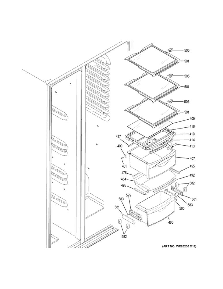 Fresh Food Shelves Diagram and Parts List for GZS22DMJNFES  General Electric Refrigerator