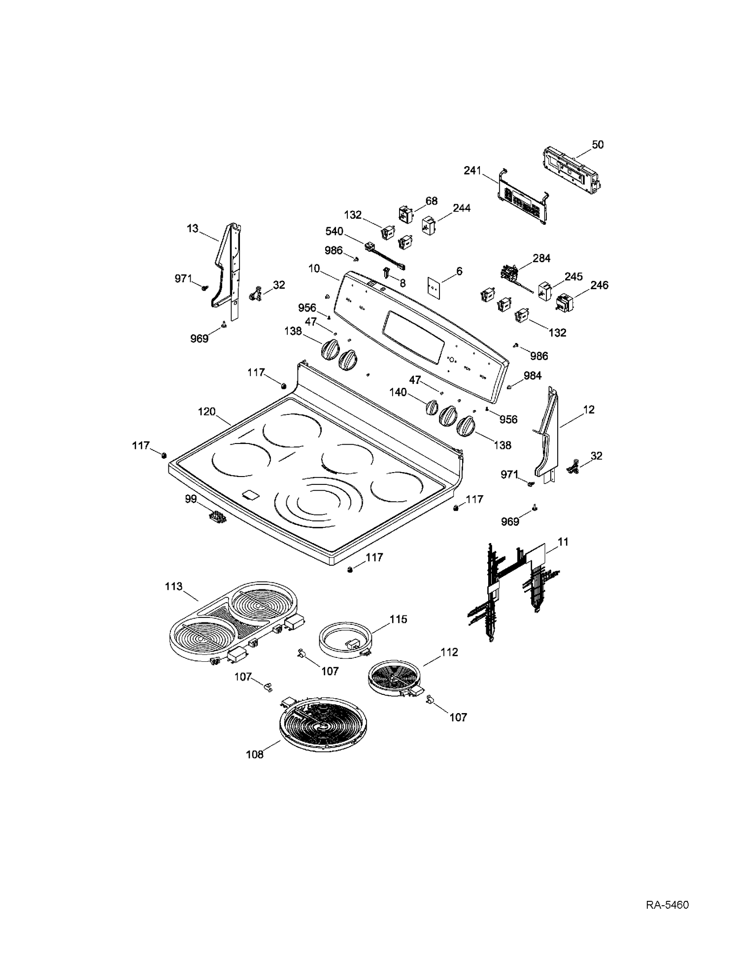 CONTROL PANEL & COOKTOP Diagram and Parts List for PCB969SR3SS  General Electric Range
