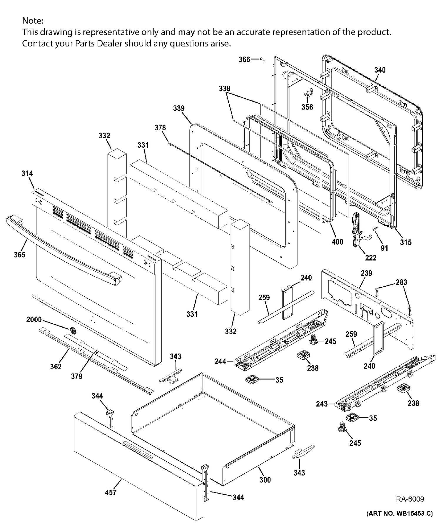 DOOR & DRAWER PARTS Diagram and Parts List for JCGB720EEJ1ES  General Electric Range