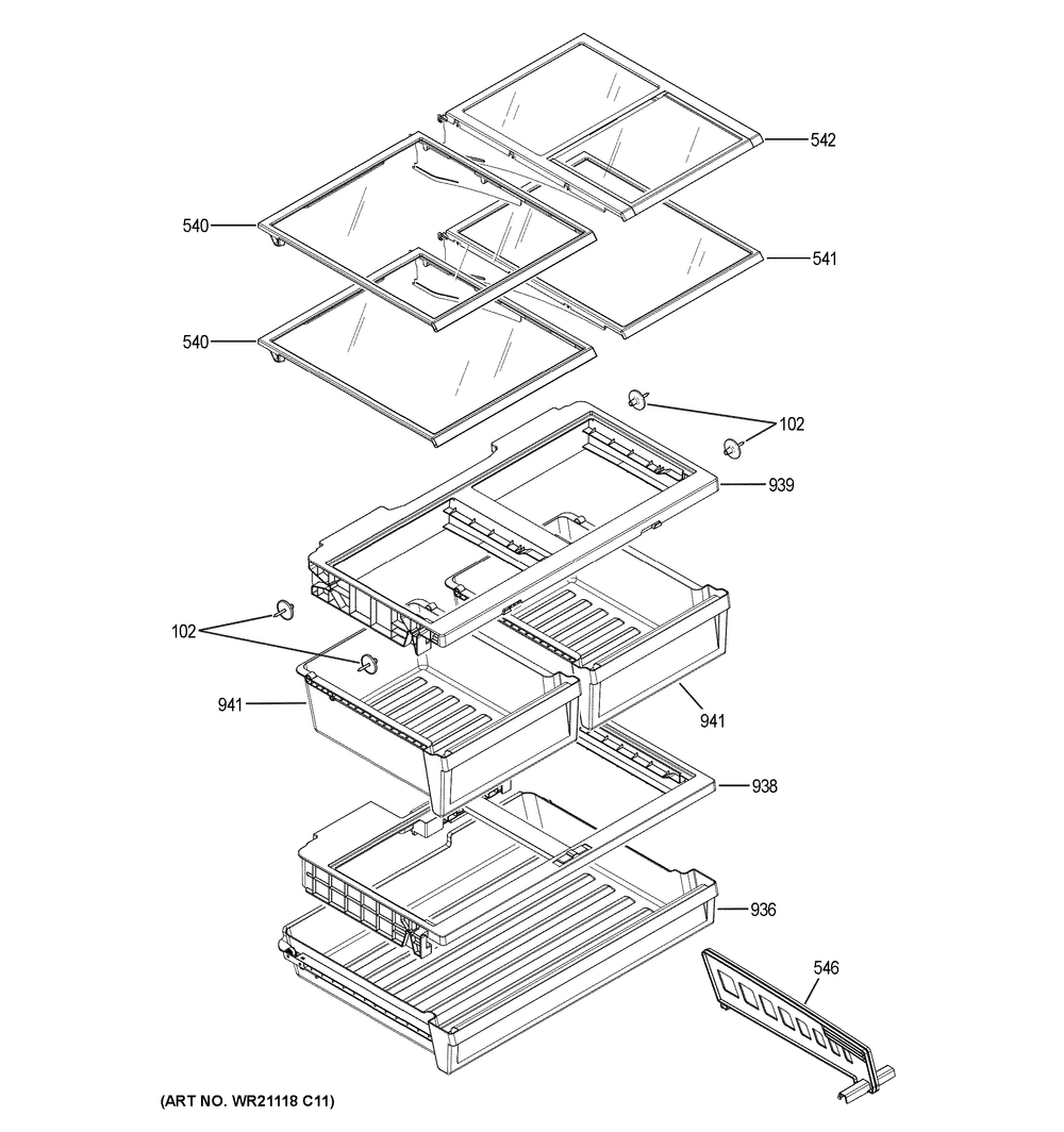 Fresh Food Shelves Diagram and Parts List for GFE26JGMYFWW  General Electric Refrigerator