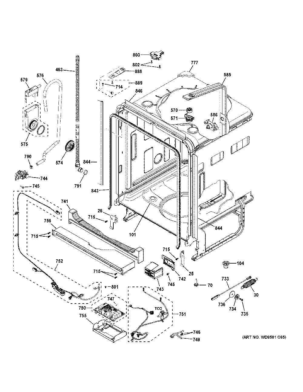 Body Parts Diagram and Parts List for GDT665SFN4DS  General Electric Dishwasher
