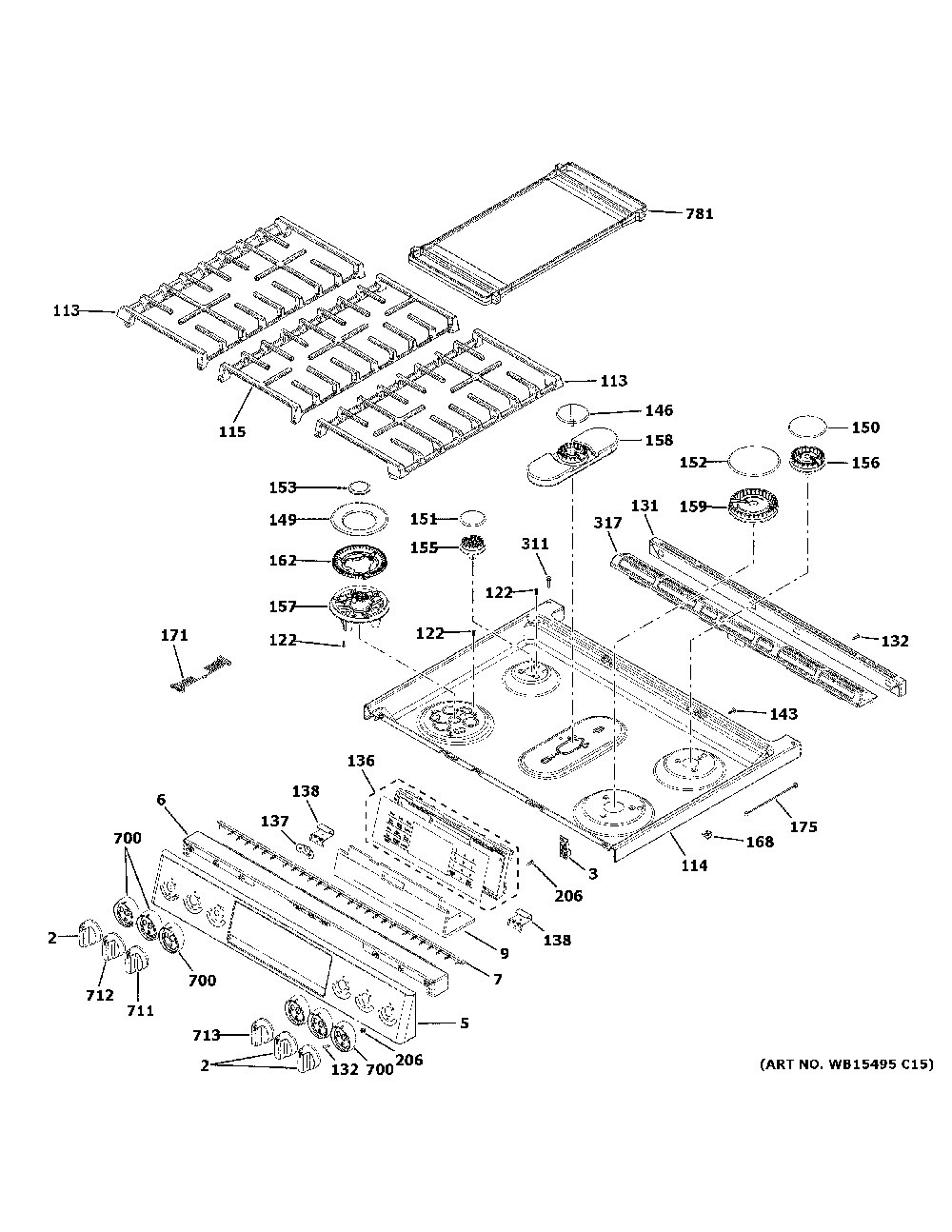 Control panel & cooktop Diagram and Parts List for PGS960FEL4DS  General Electric Range