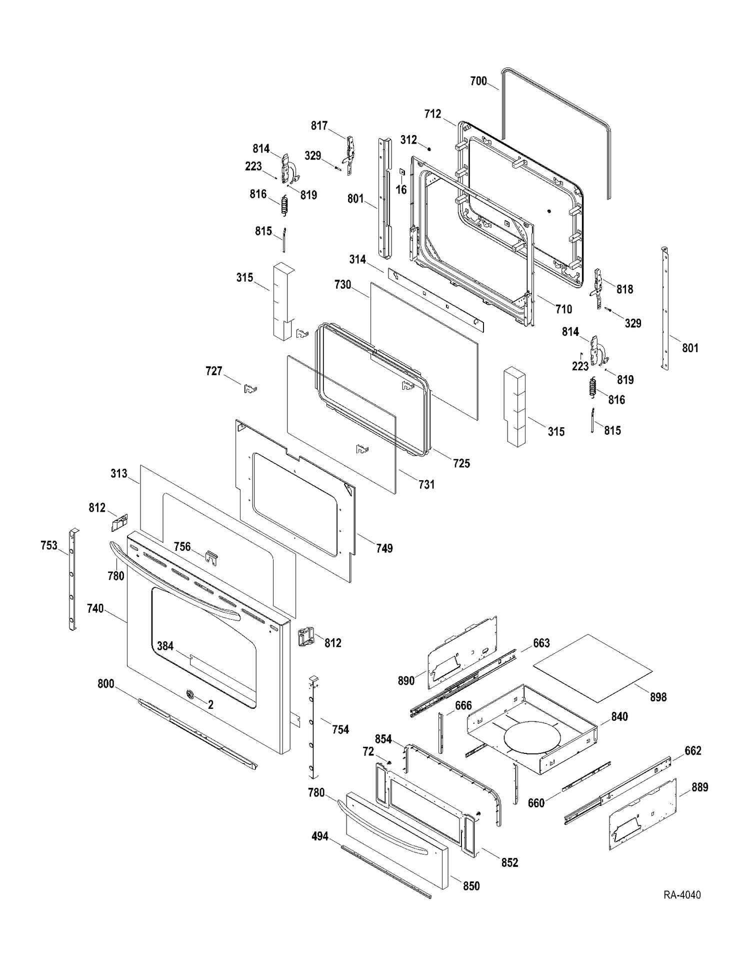DOOR-DRAWER Diagram and Parts List for JCBP84SP1SS  General Electric Range