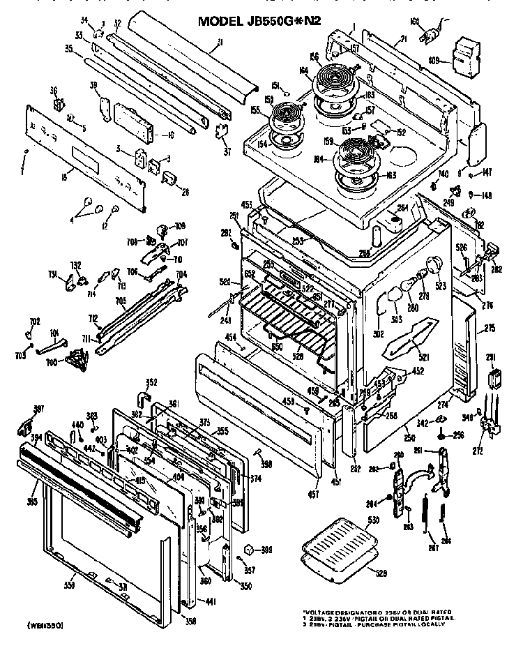 Cooktop/main Body/controls Diagram and Parts List for JB550GN2  General Electric Range