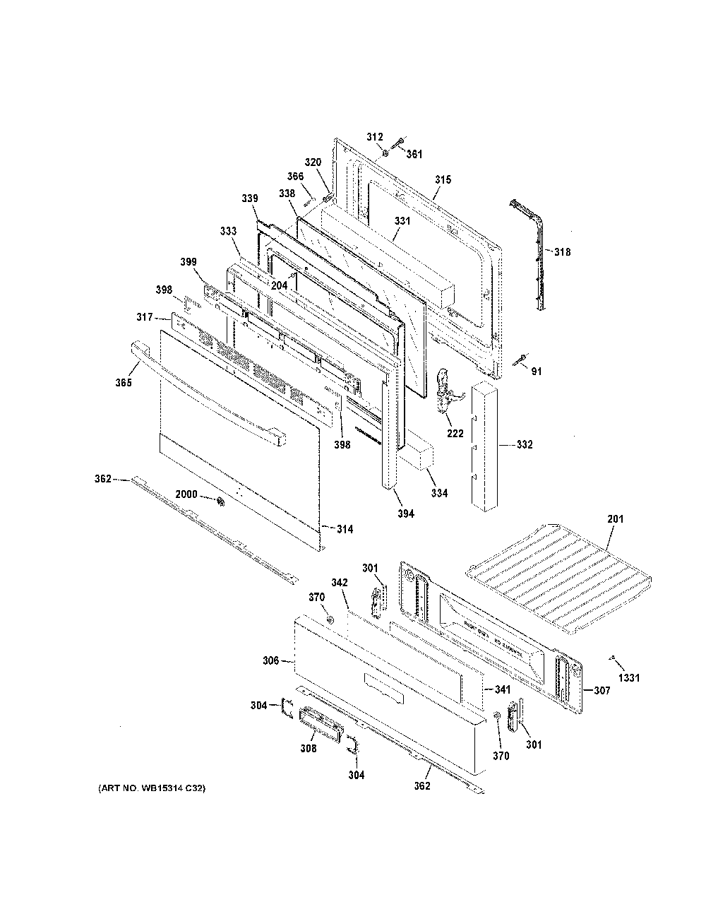 Door And Drawer Parts Diagram and Parts List for JGBS60REK5SS  General Electric Range