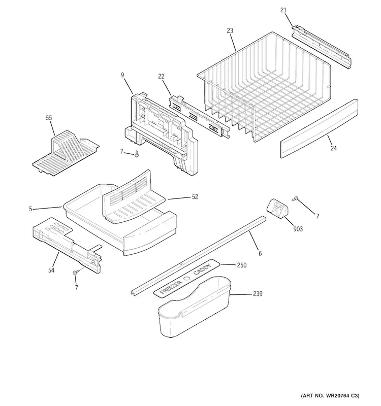 Freezer Shelves Diagram and Parts List for PFCF1NFCBBB  General Electric Refrigerator