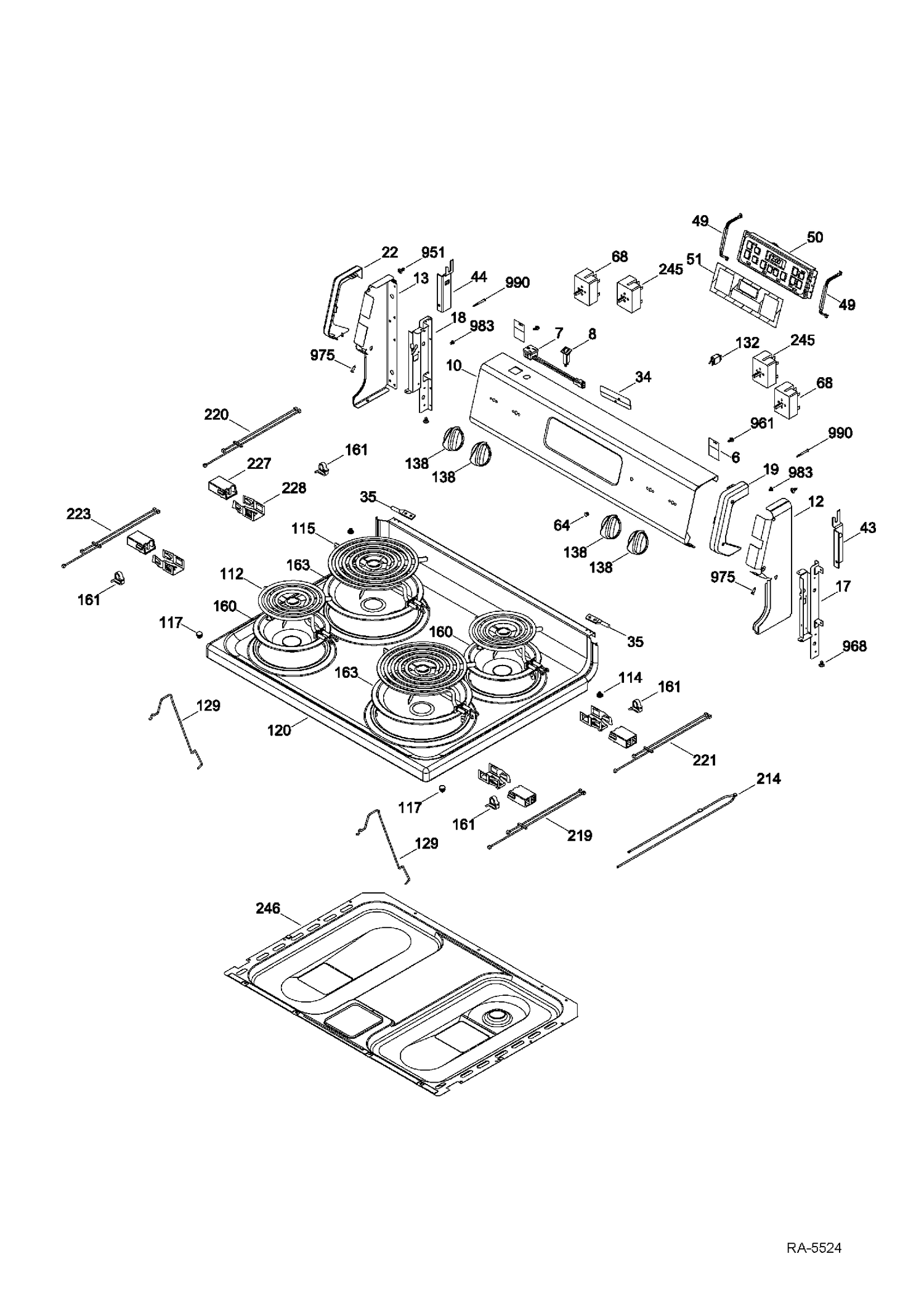 CONTROL PANEL & COOKTOP Diagram and Parts List for RCB757DN5WW  General Electric Range