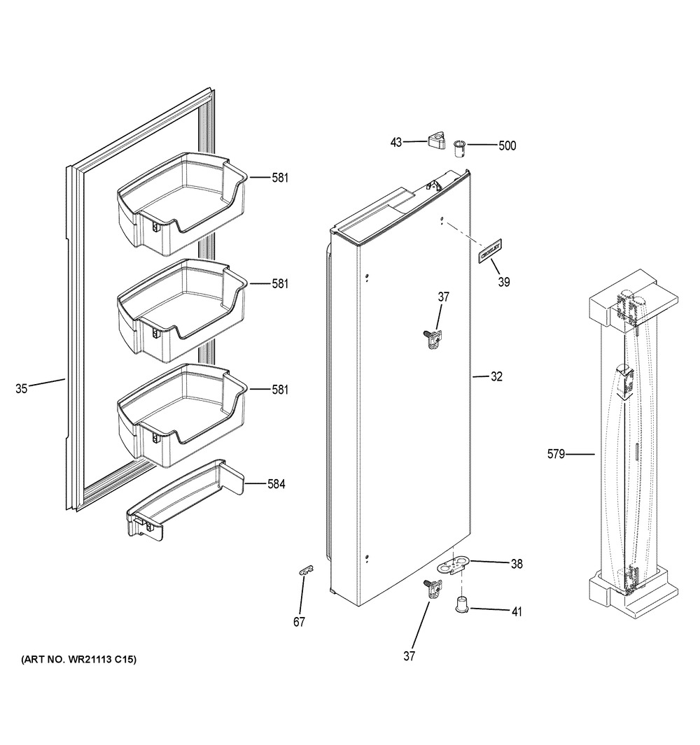 Fresh Food Door - Rh Diagram and Parts List for XNE25JGKBFBB  General Electric Refrigerator