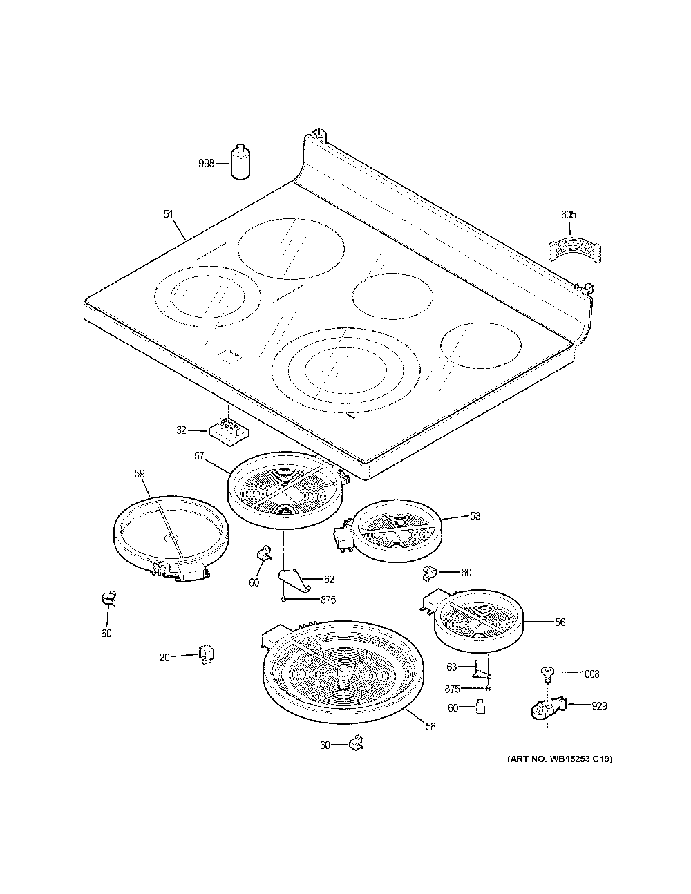 Cooktop Diagram and Parts List for PB960SJ9SS  General Electric Range