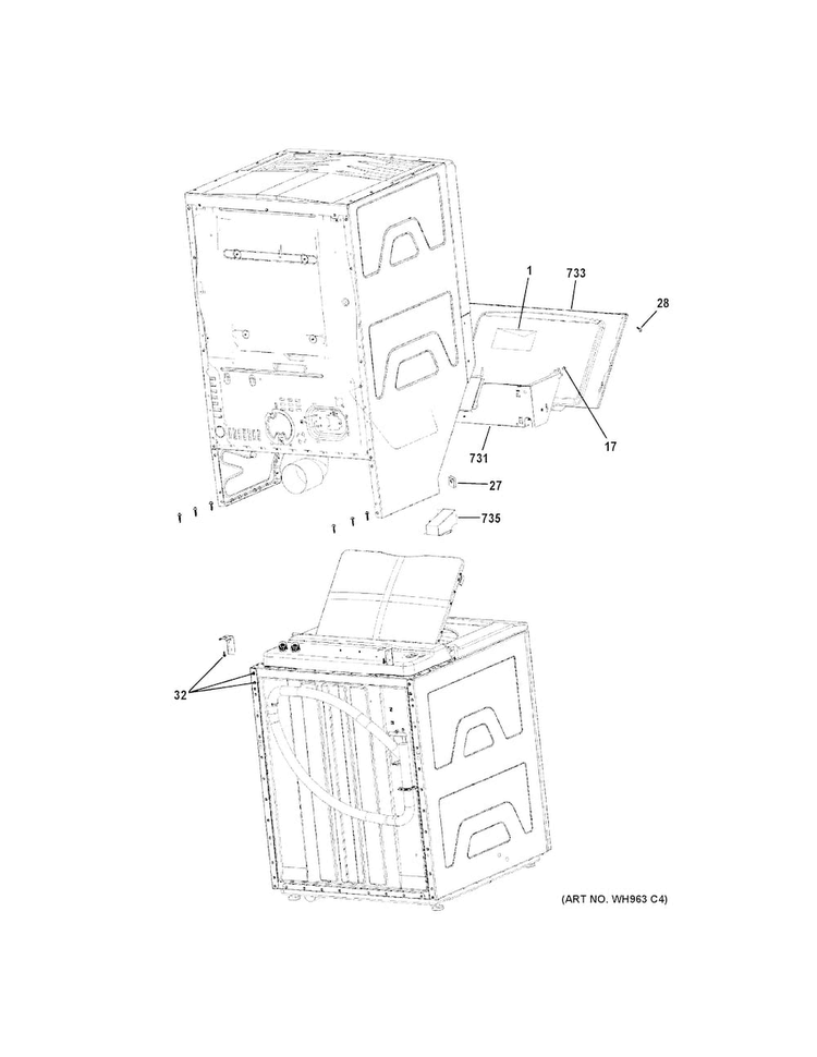 Cabinet Diagram and Parts List for GUD27ESSJ0WW  General Electric Washer Dryer Combo