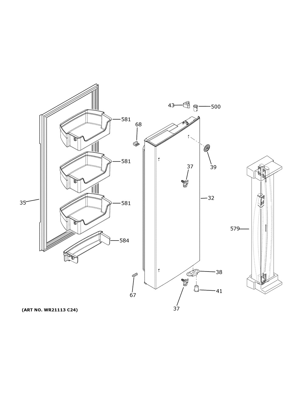 Fresh Food Door - Rh Diagram and Parts List for GWE19JSLDFSS  General Electric Refrigerator
