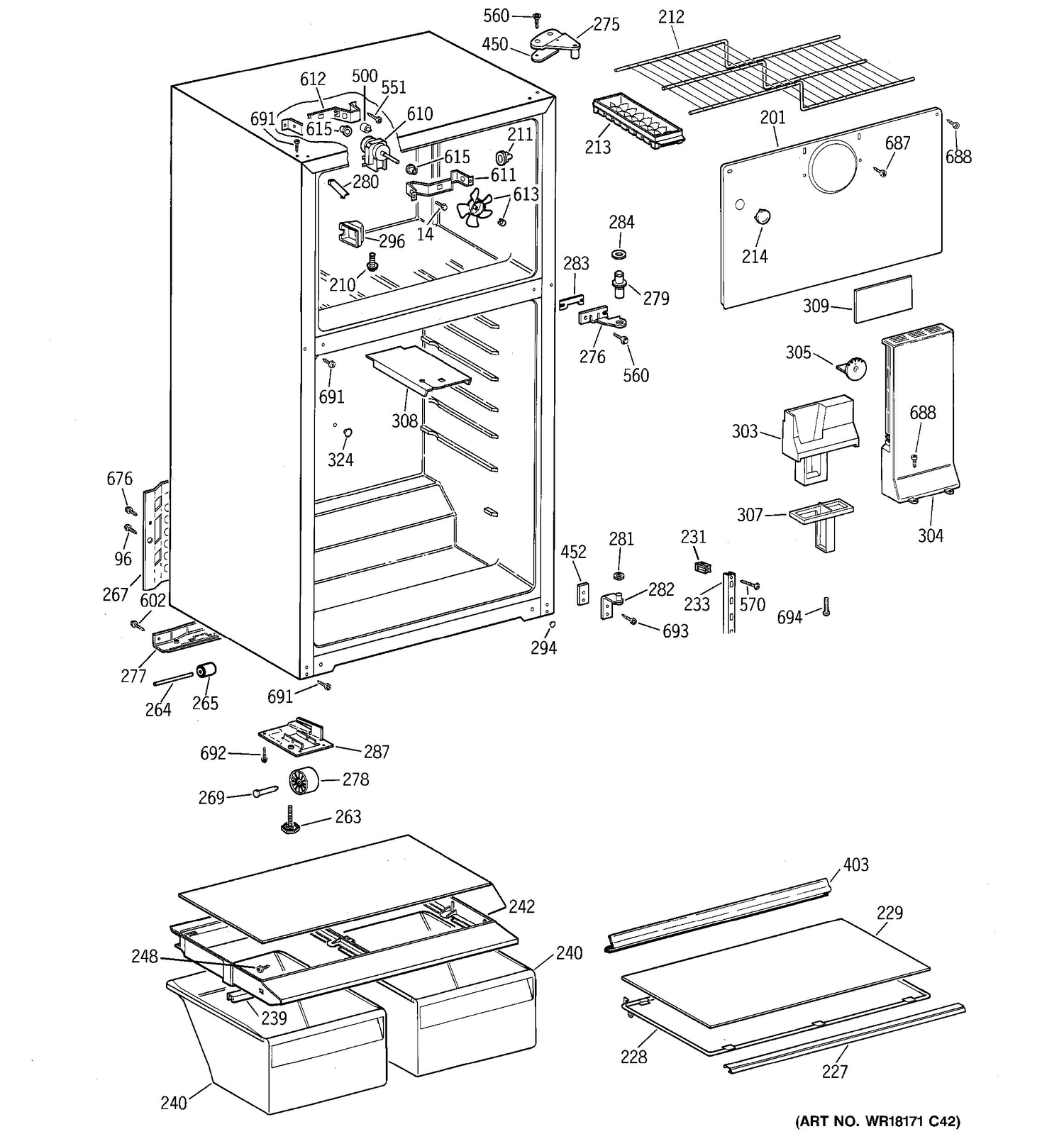 CABINET Diagram and Parts List for MTS16GBMFRWW  General Electric Refrigerator