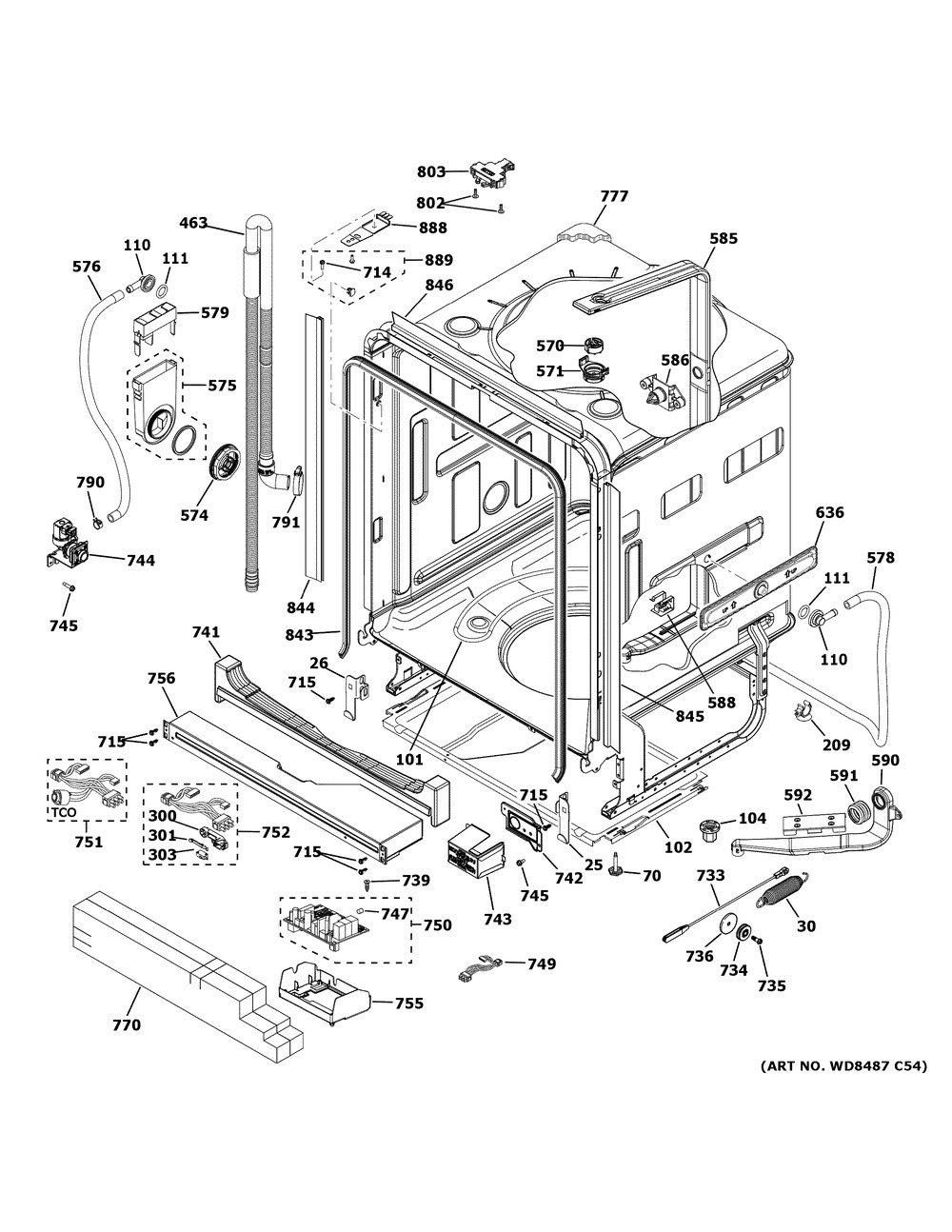 Body Parts Diagram and Parts List for CDT836P2M5S1  General Electric Dishwasher