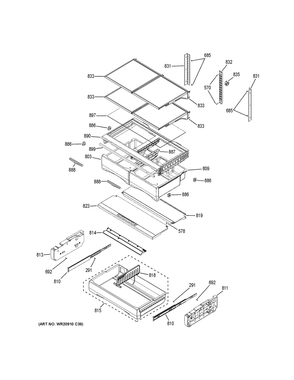 Fresh Food Shelves Diagram and Parts List for GFE28GELPDS  General Electric Refrigerator