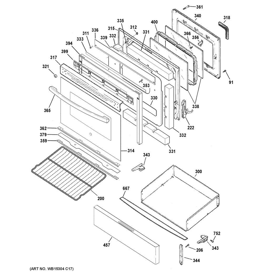 Door & Drawer Parts Diagram and Parts List for JGB450DEK2WW  General Electric Range