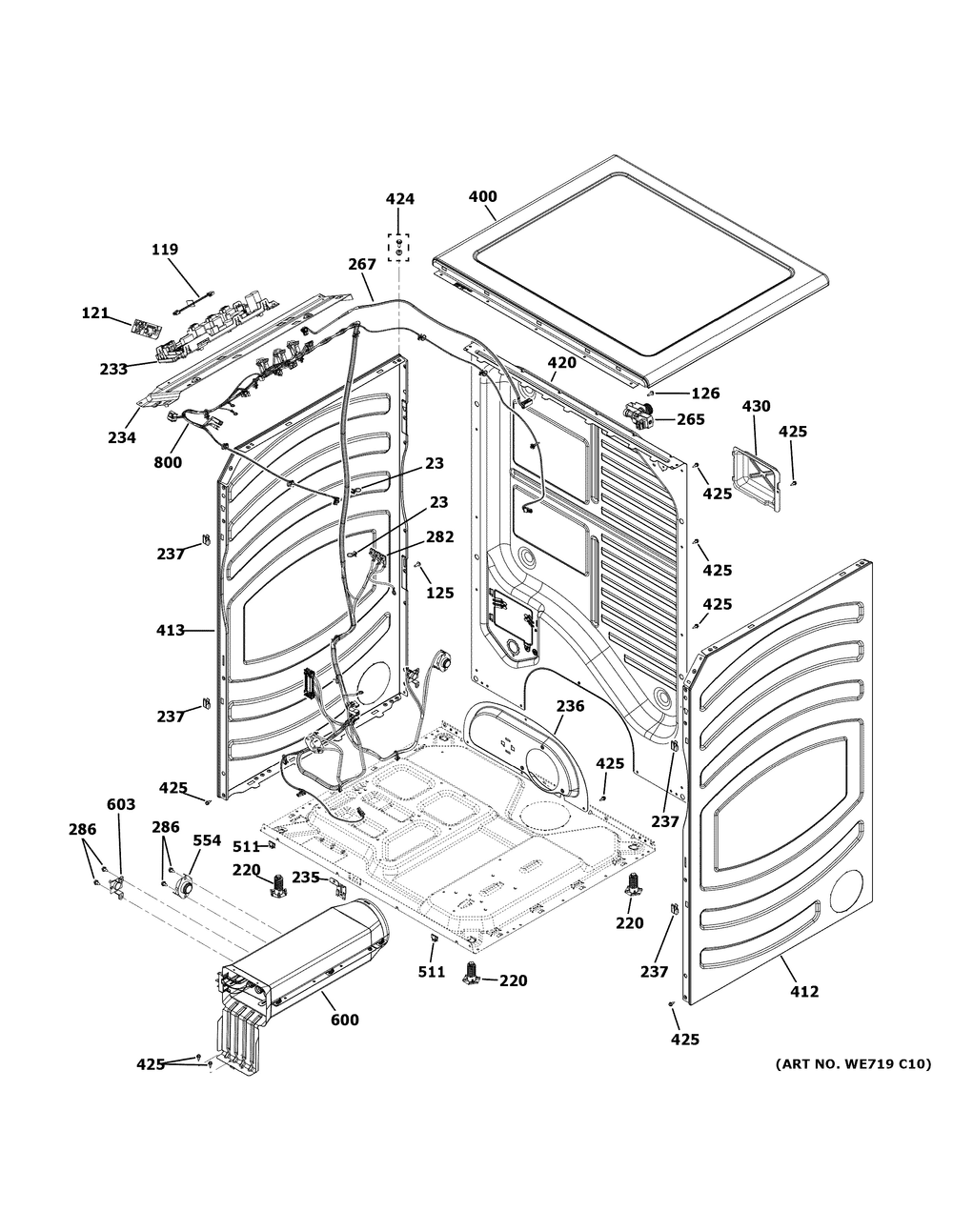 Cabinet And Top Panel Diagram and Parts List for PFD95ESPW0DS  General Electric Dryer