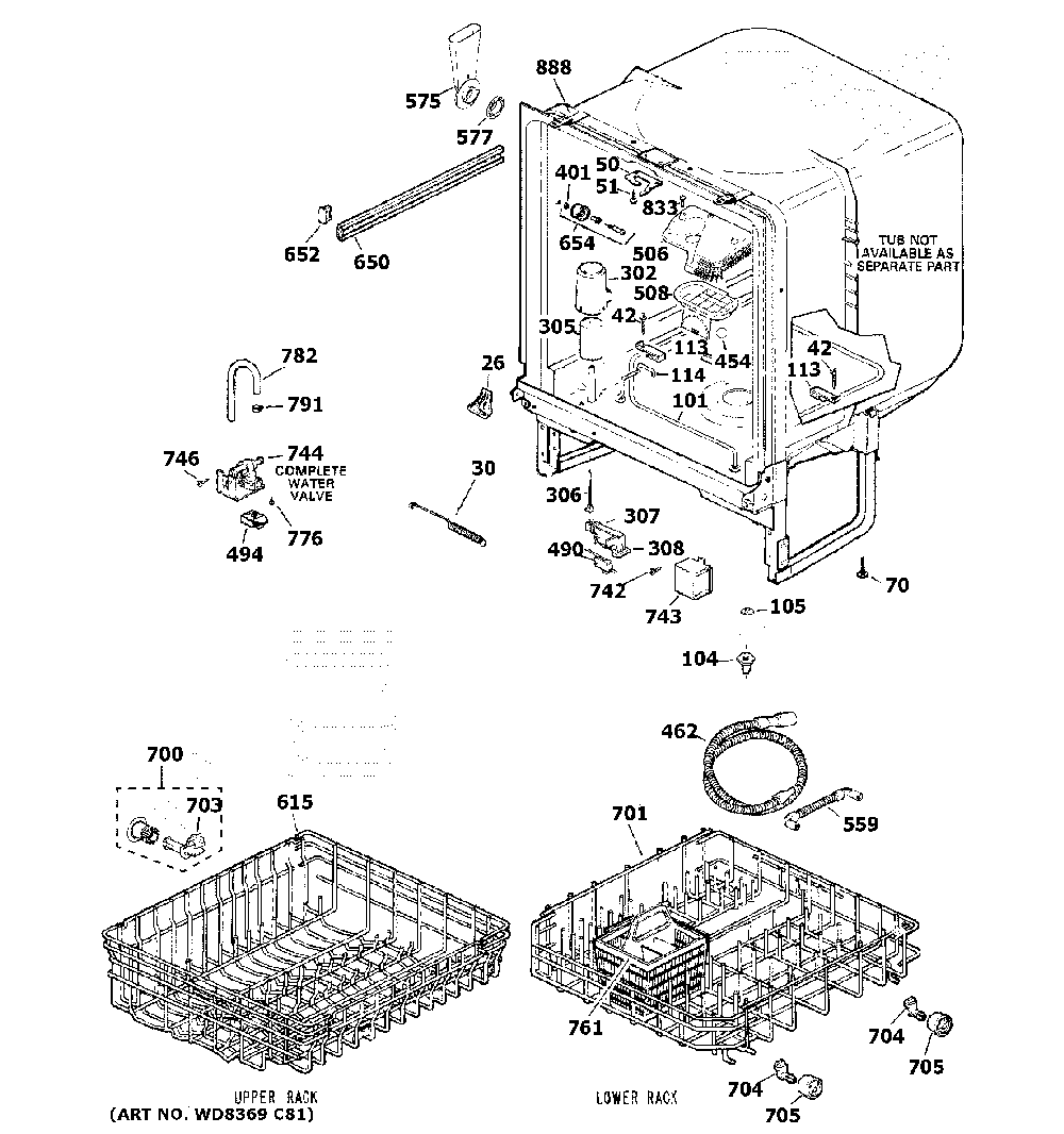 Body parts Diagram and Parts List for GSD2100V65BB  General Electric Dishwasher