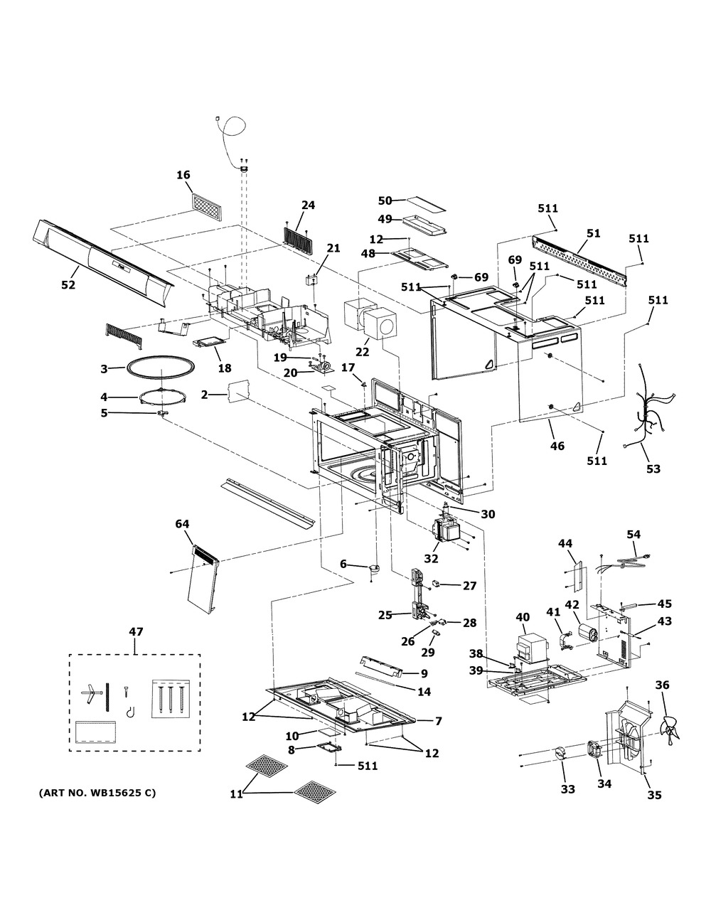 Oven Cavity Parts Diagram and Parts List for HVM7167RN1TS  General Electric Microwave Oven Combo