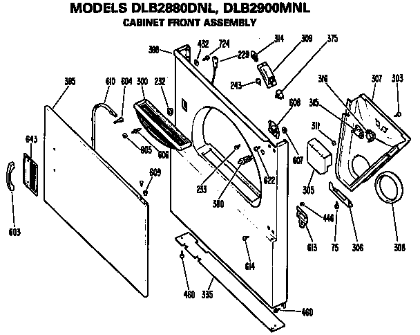 Cabinet Front Diagram and Parts List for DLB2880DNL  Hotpoint Dryer
