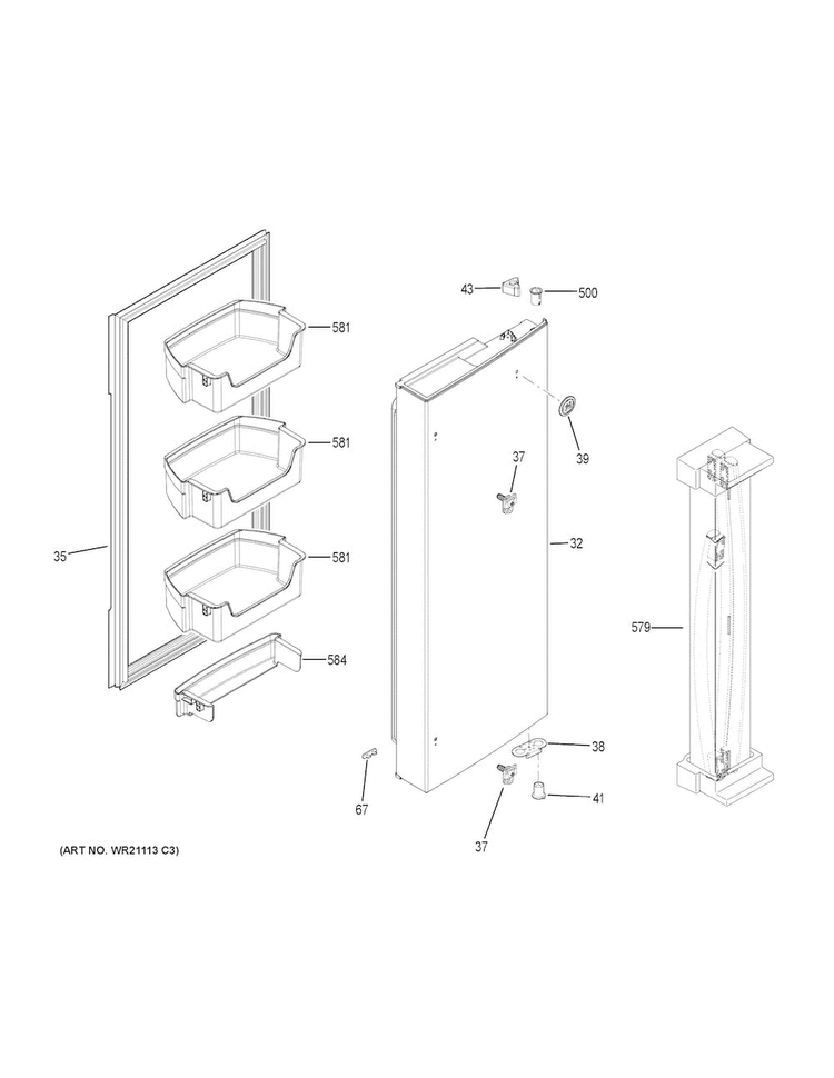 Fresh Food Door - Rh Diagram and Parts List for GNE25JGKCFBB  General Electric Refrigerator