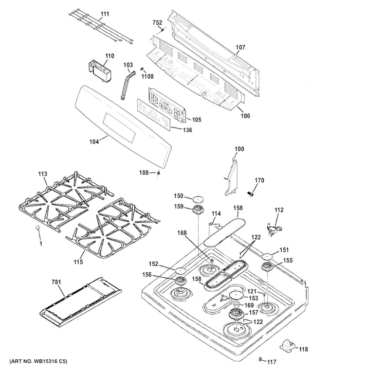 Control Panel & Cooktop Diagram and Parts List for JGBS65DEF1BB  General Electric Range