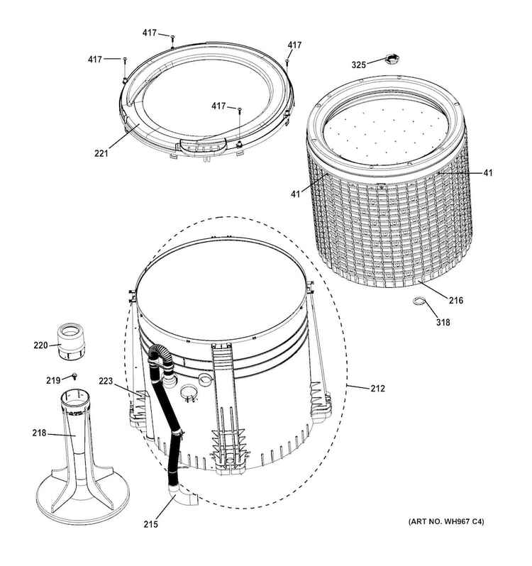 Tub, Basket & Agitator Diagram and Parts List for GTUN275EM2WW  General Electric Washer Dryer Combo