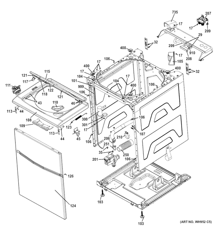 Cabinet Diagram and Parts List for GTUP240EM6WW  General Electric Washer Dryer Combo