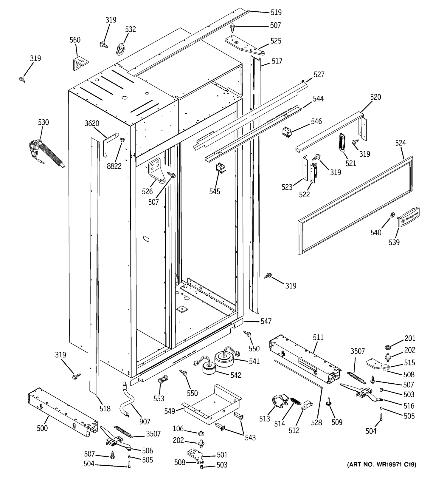 CASE PARTS Diagram and Parts List for ZISS480DRKSS  General Electric Refrigerator