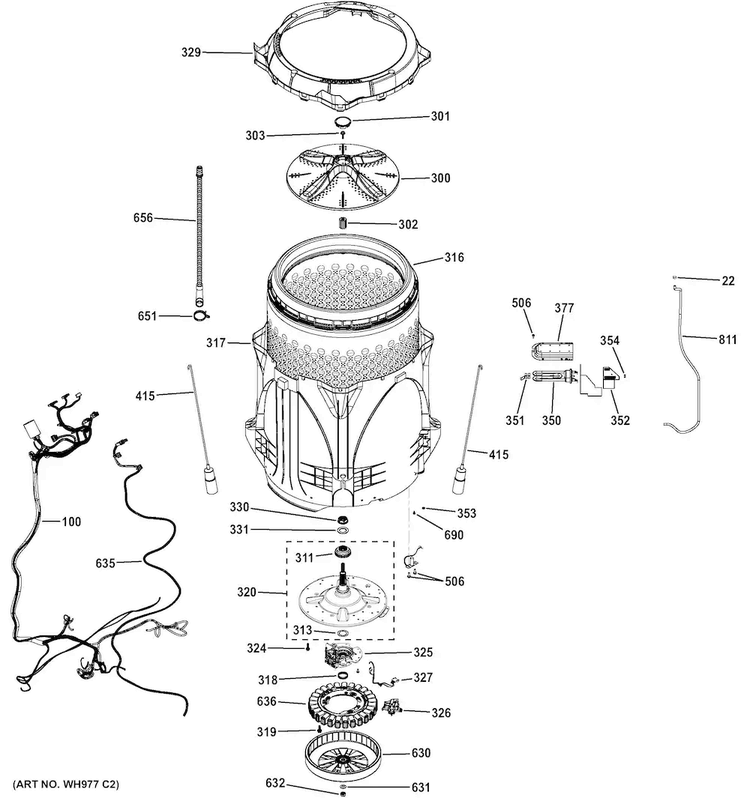 Tub & Motor Diagram and Parts List for GHWS8355H0MC  General Electric Washer