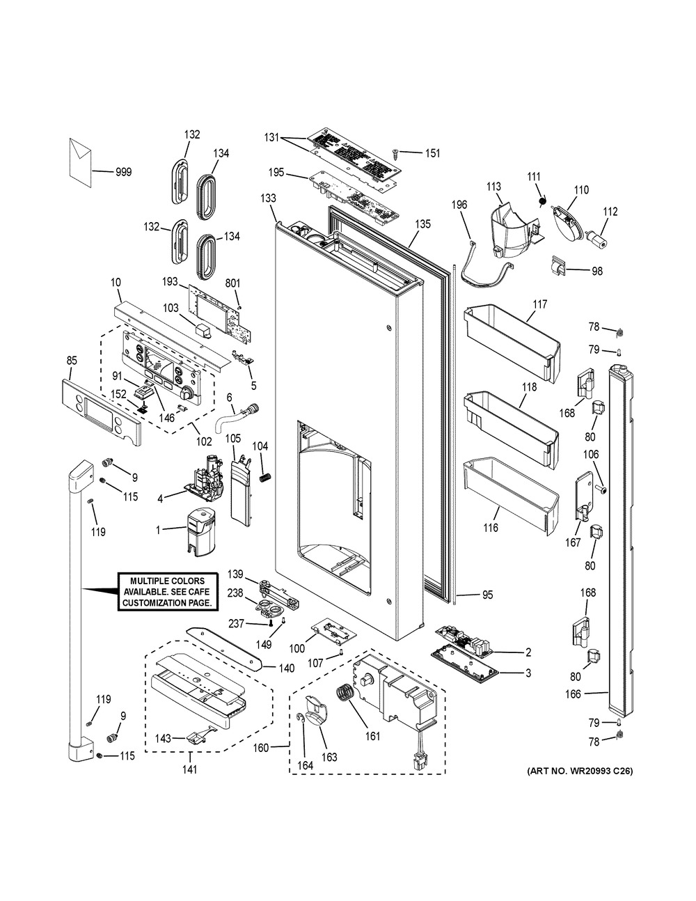 Dispenser Door Diagram and Parts List for CFE28UP2MCS1  General Electric Refrigerator