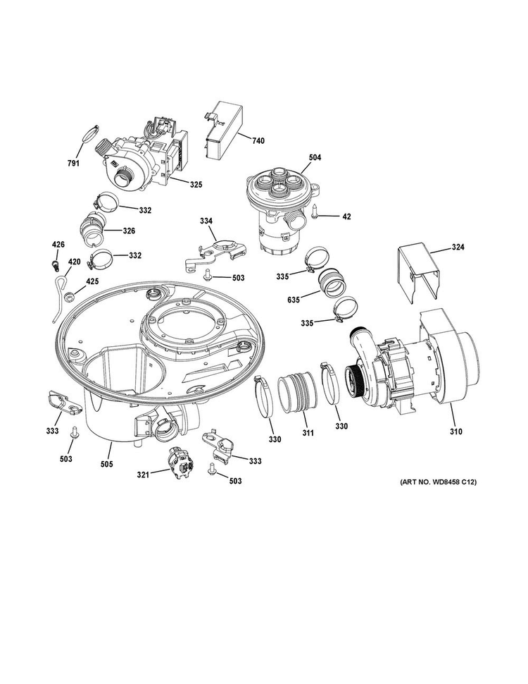 Sump & Motor Mechanism Diagram and Parts List for GDT720SGF4BB  General Electric Dishwasher